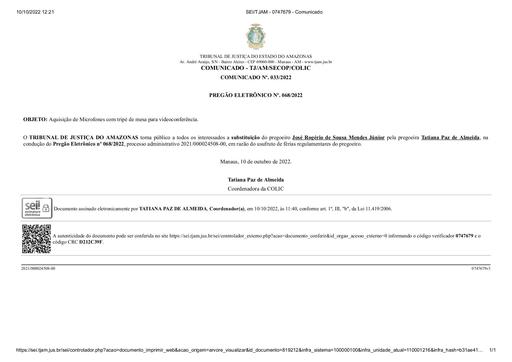 PREGÃO ELETRÔNICO Nº 068/2022 - COMUNICADO - SUBSTITUIÇÃO DE PREGOEIRO