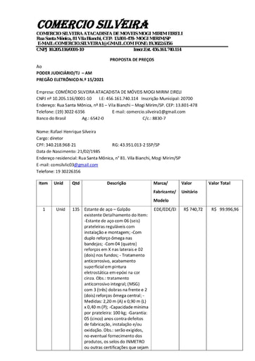 PREGÃO ELETRÔNICO Nº 015/2021 - PROPOSTA - ITEM 1 - COMÉRCIO SILVEIRA