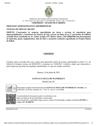 TOMADA DE PREÇOS Nº 001/2021 - CERTIDÃO PRAZO RECURSAL