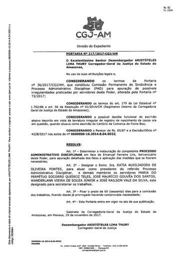 Portaria nº 217/2017-CGJ/AM (Instaura Procedimento Administrativo Disciplinar - PAD; Processo nº 060006-16.2014.8.04.0022)