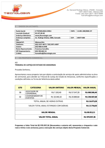 PREGÃO ELETRÔNICO Nº 029/2020 - PROPOSTA - JF TECNOLOGIA