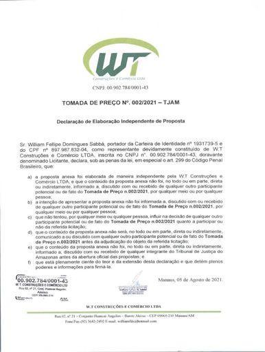 TOMADA DE PREÇOS Nº 002/2021 - DECLARAÇÕES - WT