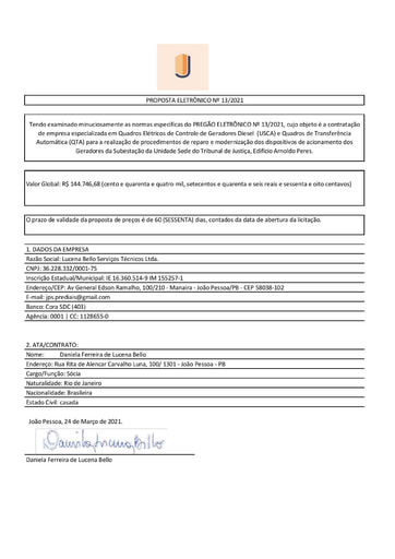 PREGÃO ELETRÔNICO Nº 013/2021 - PROPOSTA - LUCENA