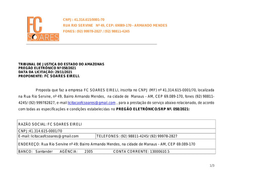 PREGÃO ELETRÔNICO Nº 58/2021 - PROPOSTA - F C SOARES