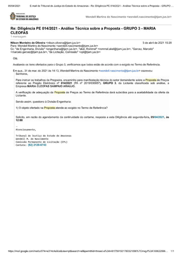 PREGÃO ELETRÔNICO Nº 014/2021 – DILIGÊNCIA CPL À DIVISÃO DE ENGENHARIA - PROPOSTA - GRUPO 3 - MARIA CLEOFAS