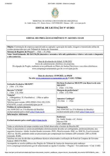 PREGÃO ELETRÔNICO Nº 43/2021 - EDITAL DE LICITAÇÃO