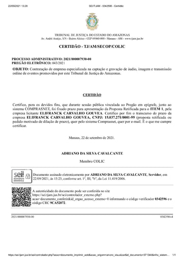 PREGÃO ELETRÔNICO Nº 043/2021 - CERTIDÃO DE DECURSO DE PRAZO - ELIFRANCK