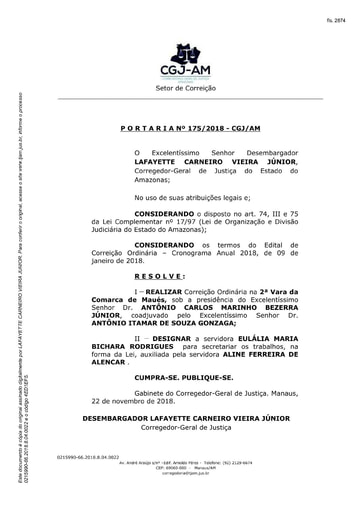 Portaria nº175/2018-CGJ/AM (Realiza Correição Ordinária na 2ª Vara da Comarca de Maués/AM)