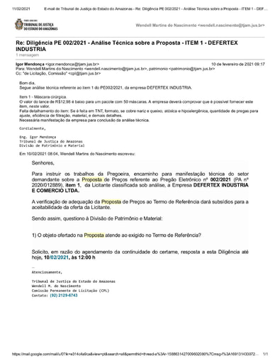 PREGÃO ELETRÔNICO Nº 002/2021 – DILIGÊNCIA CPL À DIVISÃO DE PATRIMÔNIO E MATERIAL - PROPOSTA - ITEM 1 - DEFERTEX INDUSTRIA