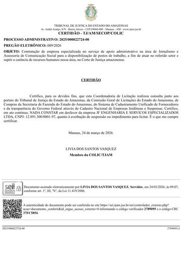 PREGÃO ELETRÔNICO Nº 009/2026 - CERTIDÃO NADA CONSTA - JF