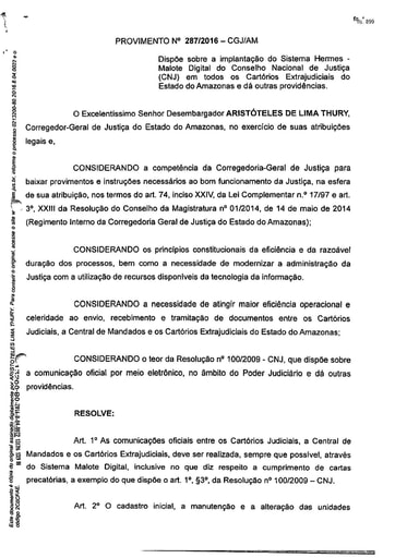 PROVIMENTO 287 - Dispõe sobre a implantação do Malote Digital nos Cartórios Extrajudiciais do Amazonas