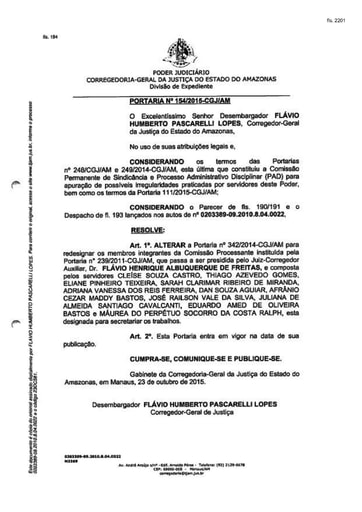 Portaria nº154/2015-CGJ/AM (Altera a Portaria nº 342/2014-CGJ/AM para redesignar os integrantes da Comissão Processante)