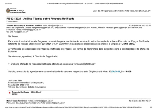 PREGÃO ELETRÔNICO Nº 021/2021 - DILIGÊNCIA CPL À DIVISÃO DE ENGENHARIA - PROPOSTA RETIFICADA - TONNY ERIC