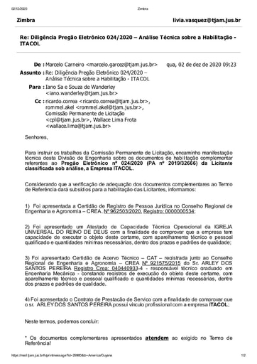 PREGÃO ELETRÔNICO Nº 024/2020 - DILIGÊNCIA CPL À DIVISÃO DE ENGENHARIA - DOCUMENTAÇÃO - ITACOL