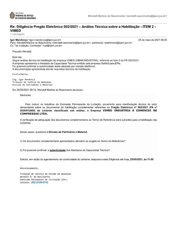 PREGÃO ELETRÔNICO Nº 002/2021 – DILIGÊNCIA CPL À DIVISÃO DE PATRIMÔNIO - DOCUMENTOS COMPLEMENTARES - ITEM 2 - VIMED