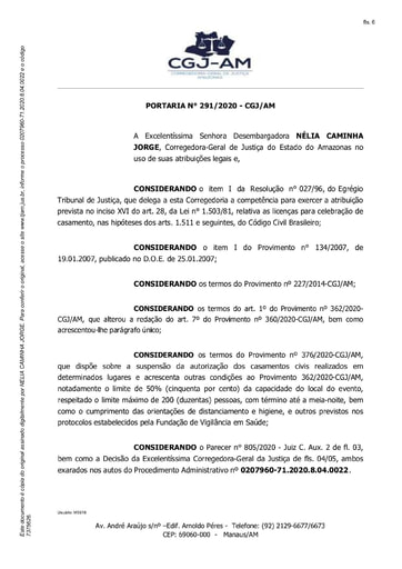 Portaria nº 291/2020-CGJ/AM (Autorizar a Ilma. Sra. Juíza de Paz Dra. MARIA DA CONCEIÇÃO PINHEIRO SEFFAIR MACHADO a realizar o casamento de BRUNO LIMA DE ALMEIDA e SUELEM DO NASCIMENTO BENTES, no dia 19/12/2020)