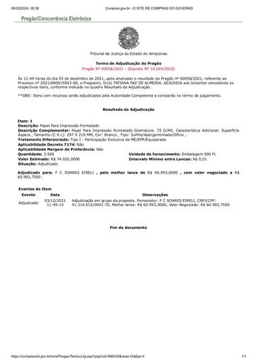 PREGÃO ELETRÔNICO Nº 58/2021 - TERMO DE ADJUDICAÇÃO