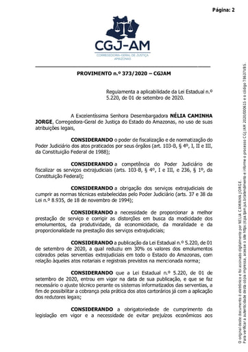 Provimento nº 373/2020-CGJ/AM (Regulamenta a aplicabilidade da Lei Estadual n.º 5.220, de 01 de setembro de 2020.).)