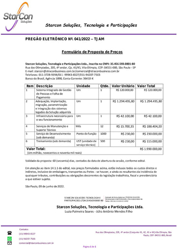 PREGÃO ELETRÔNICO Nº 041/2022 - PROPOSTA AJUSTADA - STARCON