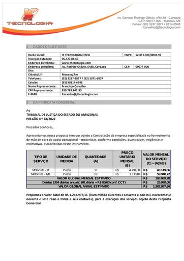 PREGÃO ELETRÔNICO Nº 048/2022 - PROPOSTA - JF TECNOLOGIA