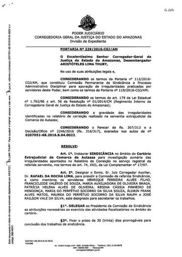 Portaria nº229/2016-CGJ/AM (Instaura Sindicância - Processo nº 0207051-68.2016.8.04.0022)
