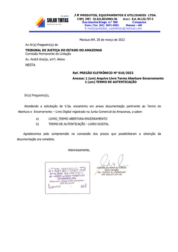 PREGÃO ELETRÔNICO Nº 018/2022 - DILIGÊNCIA 5 - HABILITAÇÃO - DOCUMENTOS COMPLEMENTARES - ITEM 64 - J R PRODUTOS