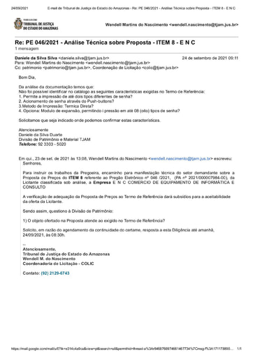 PREGÃO ELETRÔNICO Nº 46/2021 - DILIGÊNCIA COLIC À DIVISÃO DE PATRIMÔNIO - ITEM 8 - ENC
