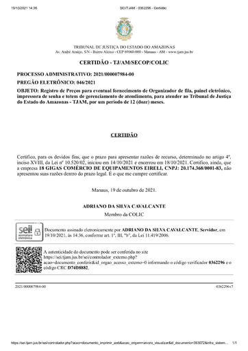 PREGÃO ELETRÔNICO Nº 46/2021 - CERTIDÃO RECURSO NÃO APRESENTADO - 18 GIGAS