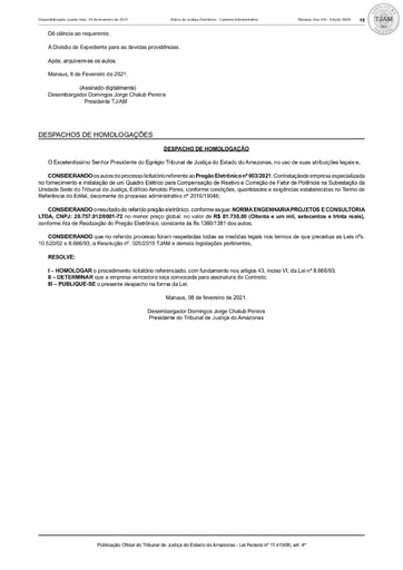 PREGÃO ELETRÔNICO Nº 003/2021 – DESPACHO DE HOMOLOGAÇÃO (DJE)