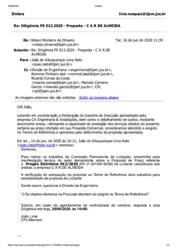 PREGÃO ELETRÔNICO Nº 013/2020 - DILIGÊNCIA CPL À DIVISÃO DE ENGENHARIA - PROPOSTA - C A R DE ALMEIDA