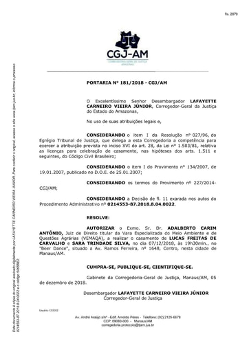 Portaria nº181/2018-CGJ/AM (Autoriza o Dr. Adalberto Carim Antonio a realizar o casamento no dia 07/12/2018)