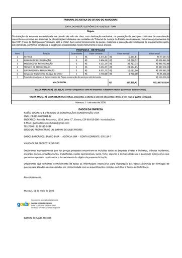 PREGÃO ELETRÔNICO Nº 020/2026 - PROPOSTA RETIFICADA 2 - G V SERVICOS DE CONSTRUCAO E CONSERVACAO LTDA - LOTE 1