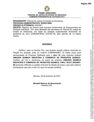PREGÃO ELETRÔNICO Nº 002/2021 - CERTIDÃO - DECURSO DE PRAZO - ITEM 10 - AMAZON QUIMICA
