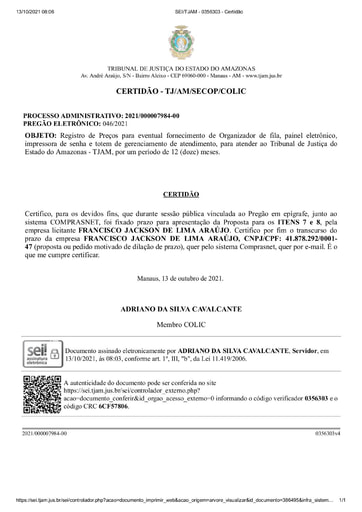 PREGÃO ELETRÔNICO Nº 46/2021 - CERTIDÃO DECURSO DE PRAZO - PROPOSTA - ITENS 7 E 8 - FRANCISCO