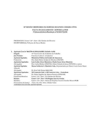 Pauta de Julgamento da Sessão Ordinária da Segunda Câmara Cível - 20.09.2021 (Videoconferência)