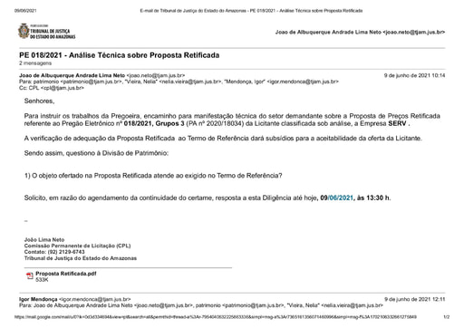 PREGÃO ELETRÔNICO Nº 018/2021 - DILIGÊNCIA CPL À DIVISÃO DE PATRIMÔNIO - PROPOSTA RETIFICADA - GRUPO 3 - SERV CONSTRUTORA