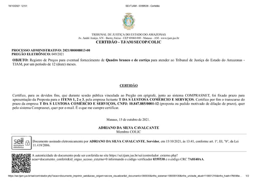 PREGÃO ELETRÔNICO Nº 49/2021 - CERTIDÃO DE DECURSO DE PRAZO - T DA S LUSTOSA