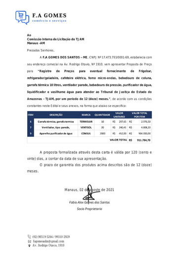 PREGÃO ELETRÔNICO Nº 037/2021 - PROPOSTA - ITENS 6, 7 E 9 - F A GOMES