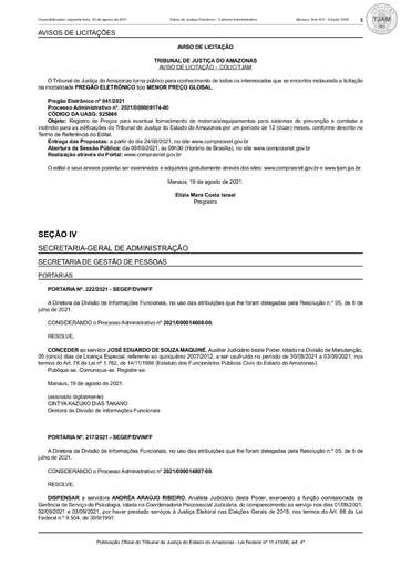 PREGÃO ELETRÔNICO Nº 041/2021 - AVISO DE LICITAÇÃO - DJE