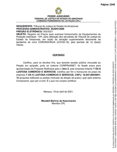 PREGÃO ELETRÔNICO Nº 002/2021 - CERTIDÃO DECURSO DE PRAZO - ITEM 2 - T DAS S LUSTOSA