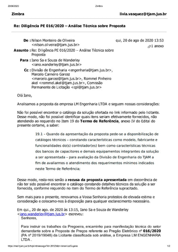 PREGÃO ELETRÔNICO Nº 016/2020 - DILIGÊNCIA CPL À DIVISÃO DE ENGENHARIA - PROPOSTA - LM ENGENHARIA