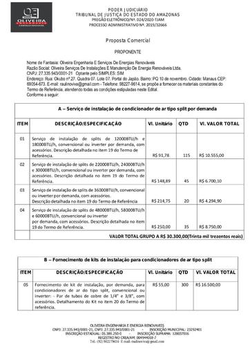 PREGÃO ELETRÔNICO Nº 024/2020 - PROPOSTA - OLIVEIRA SERVIÇOS
