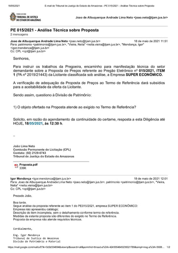 PREGÃO ELETRÔNICO Nº 015/2021 - DILIGÊNCIA CPL À DIVISÃO DE PATRIMÔNIO - PROPOSTA - ITEM 1 - SUPER ECONÔMICO