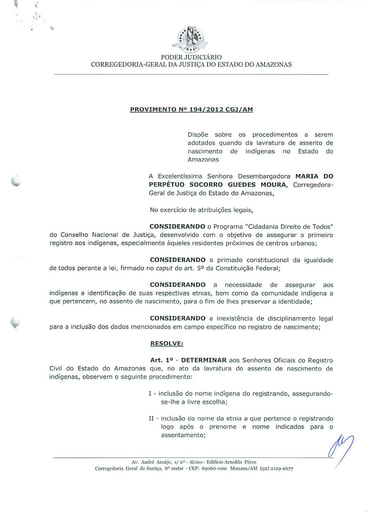 Provimento 194 - Dispõe sobre os procedimentos a serem adotados quando da lavratura de assento de nascimento de indígenas no Estado do Amazonas