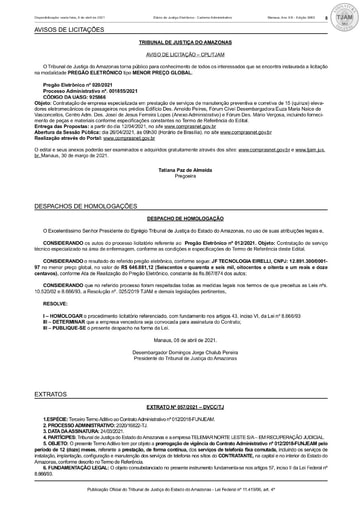 PREGÃO ELETRÔNICO Nº 020/2021 - AVISO DE LICITAÇÃO - DJE