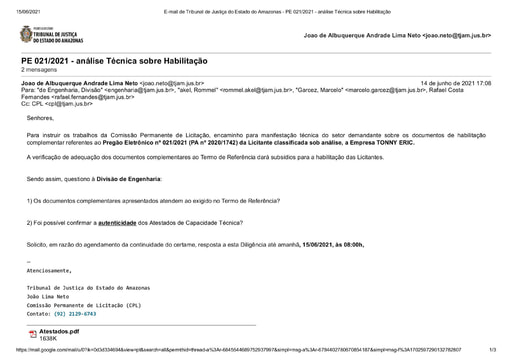 PREGÃO ELETRÔNICO Nº 021/2021 - DILIGÊNCIA CPL À DIVISÃO DE ENGENHARIA - HABILITAÇÃO  - TONNY ERIC