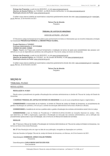 Resolução nº 01/2021 - Dispõe sobre Manual de Gestão de Contratos Administrativos