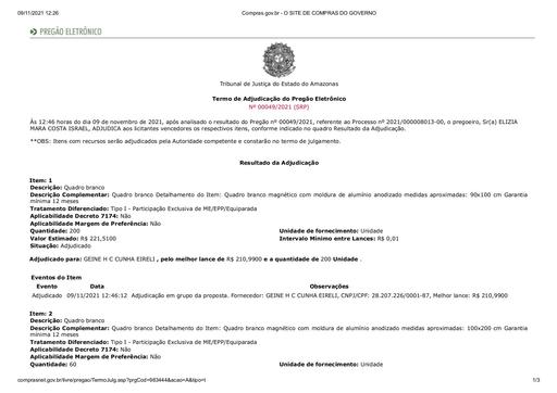 PREGÃO ELETRÔNICO Nº 49/2021 - TERMO DE ADJUDICAÇÃO