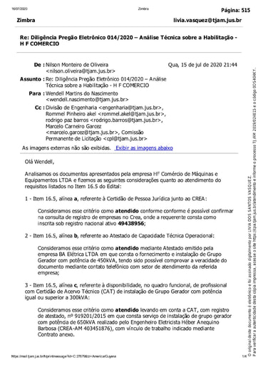 PREGÃO ELETRÔNICO Nº 014/2020 – DILIGÊNCIA CPL À DIVISÃO DE ENGENHARIA - DOCUMENTAÇÃO - H F COMÉRCIO