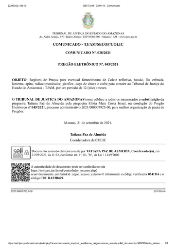 PREGÃO ELETRÔNICO Nº 45/2021 - COMUNICADO - SUBSTITUIÇÃO DE PREGOEIRO(A)
